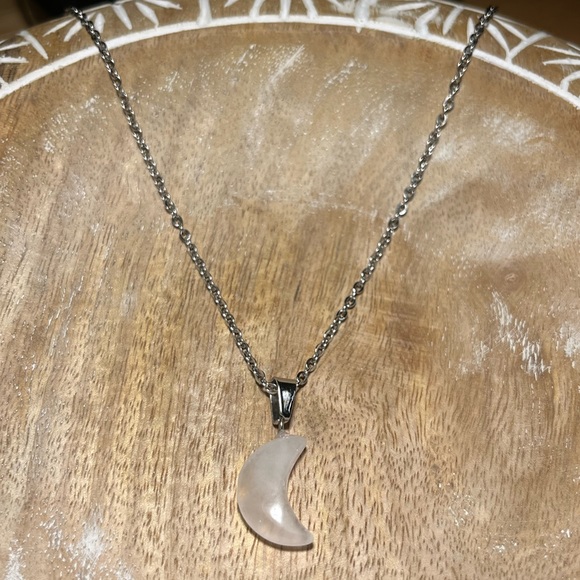 NWOT Rose Quartz Moon Silver Necklace - Picture 4 of 11